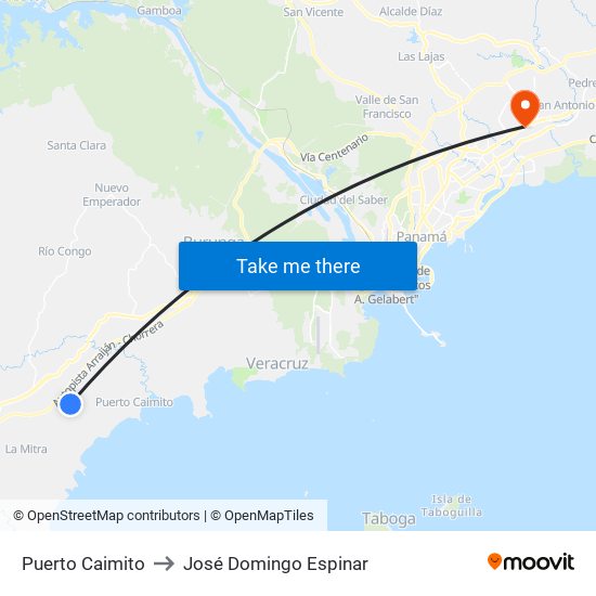 Puerto Caimito to José Domingo Espinar map