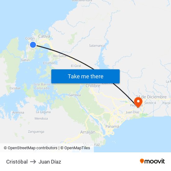 Cristóbal to Juan Díaz map