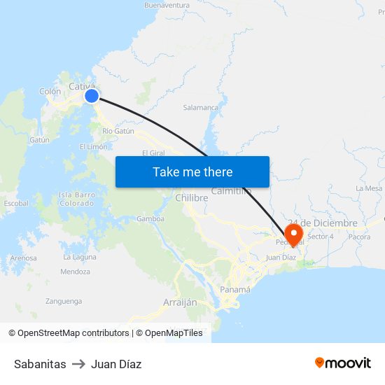 Sabanitas to Juan Díaz map