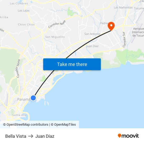 Bella Vista to Juan Díaz map