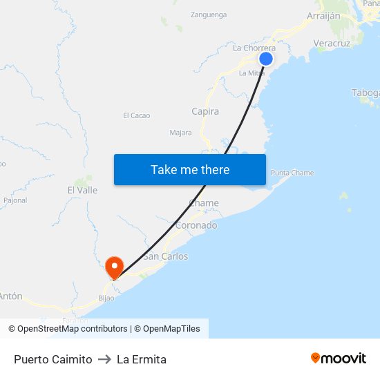 Puerto Caimito to La Ermita map