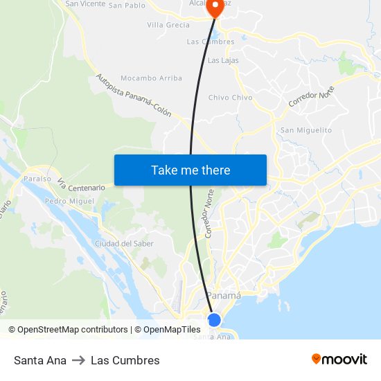 Santa Ana to Las Cumbres map