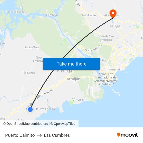 Puerto Caimito to Las Cumbres map