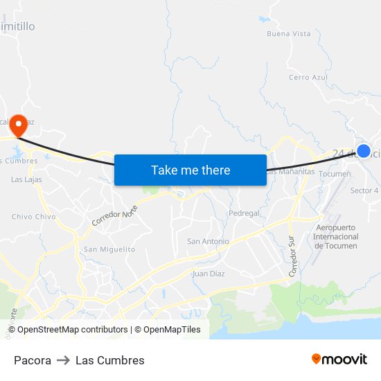 Pacora to Las Cumbres map