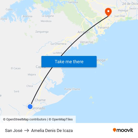 San José to Amelia Denis De Icaza map