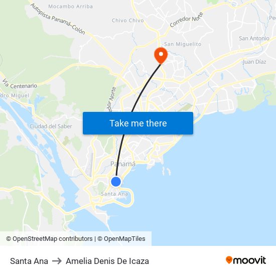 Santa Ana to Amelia Denis De Icaza map