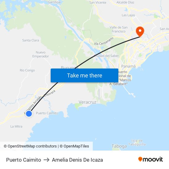 Puerto Caimito to Amelia Denis De Icaza map