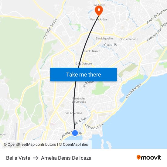 Bella Vista to Amelia Denis De Icaza map