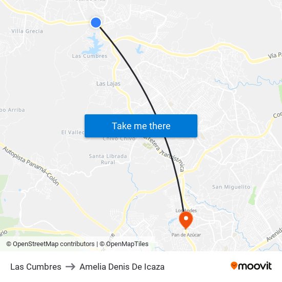 Las Cumbres to Amelia Denis De Icaza map