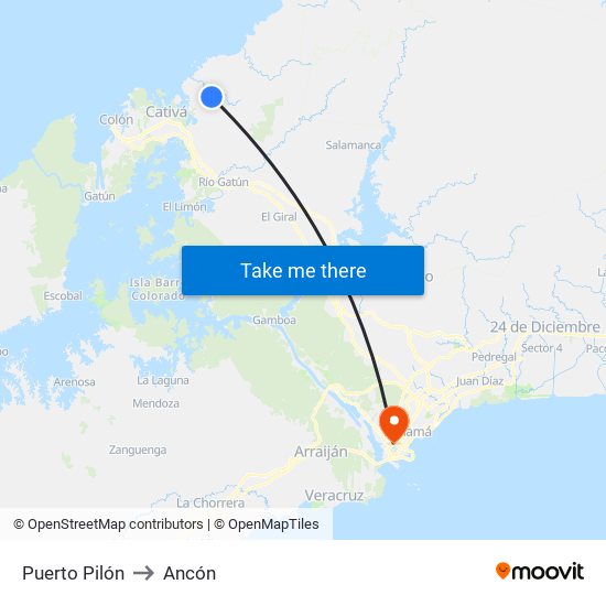 Puerto Pilón to Ancón map