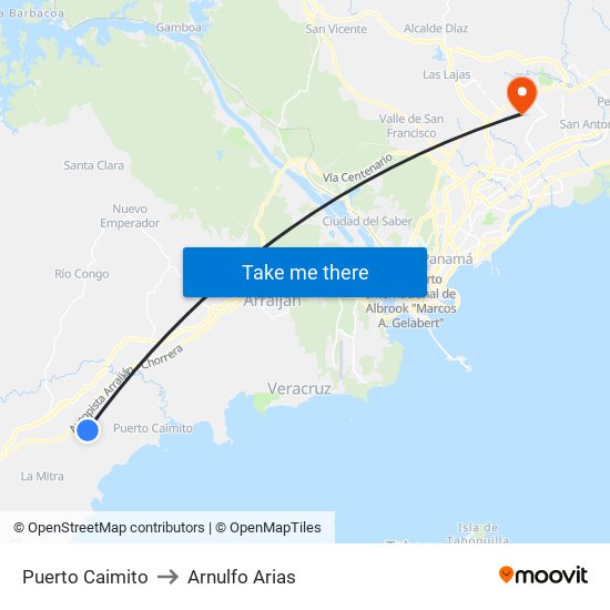 Puerto Caimito to Arnulfo Arias map