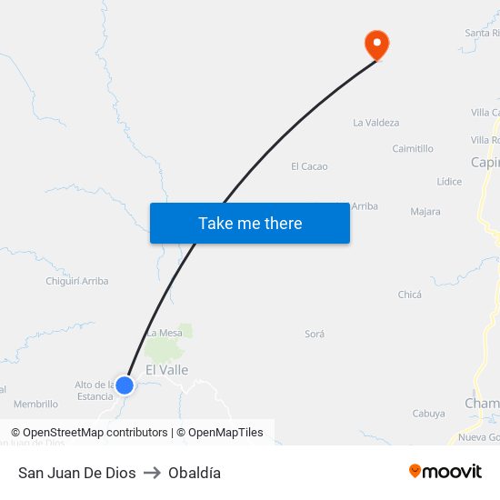San Juan De Dios to Obaldía map