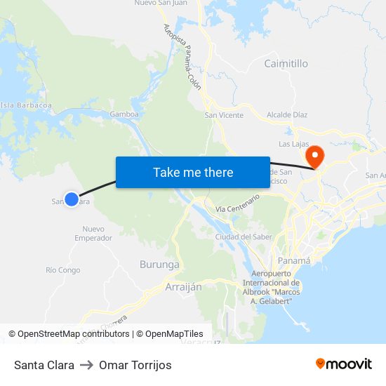 Santa Clara to Omar Torrijos map