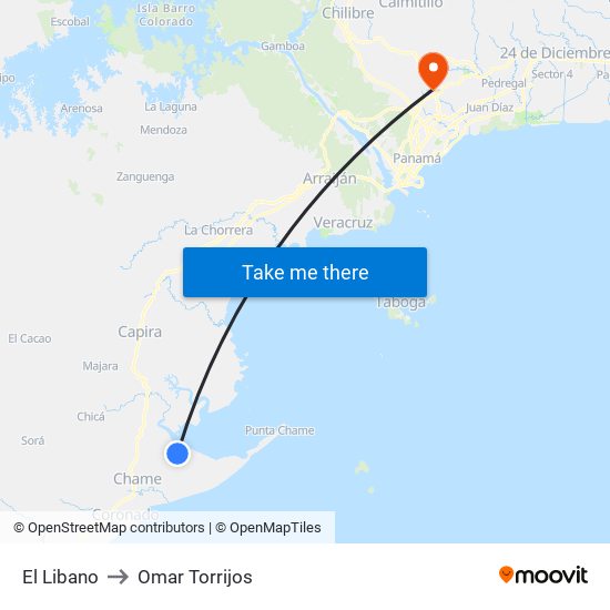 El Libano to Omar Torrijos map
