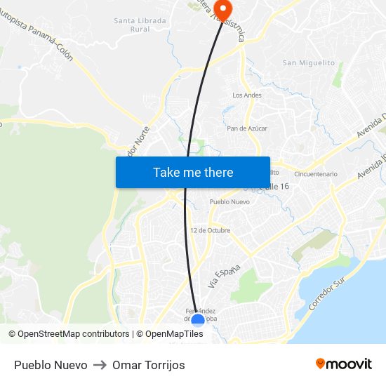 Pueblo Nuevo to Omar Torrijos map