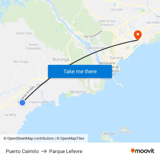 Puerto Caimito to Parque Lefevre map