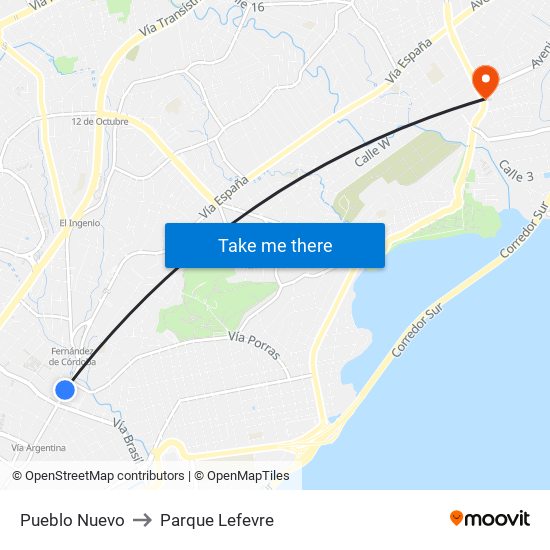 Pueblo Nuevo to Parque Lefevre map