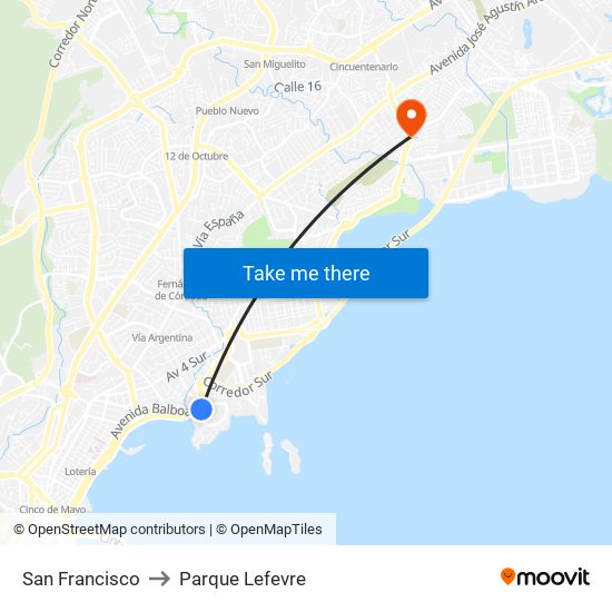 San Francisco to Parque Lefevre map