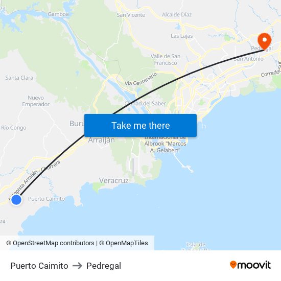 Puerto Caimito to Pedregal map