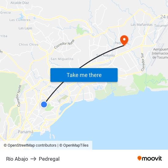 Río Abajo to Pedregal map