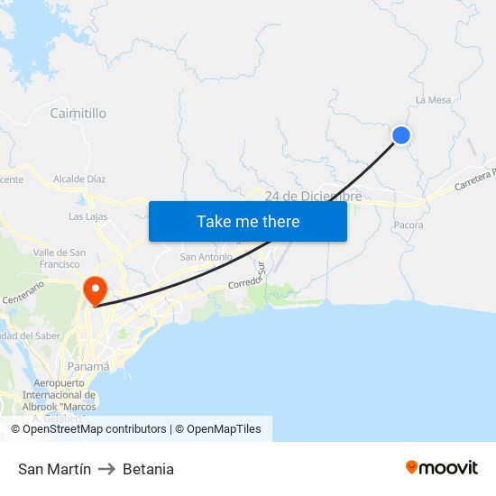 San Martín to Betania map