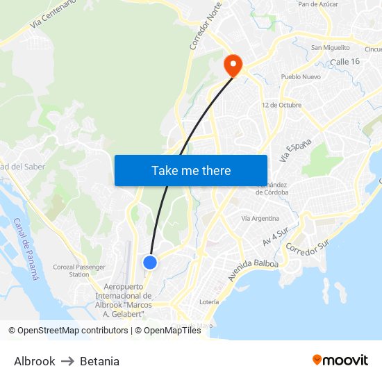 Albrook to Betania map