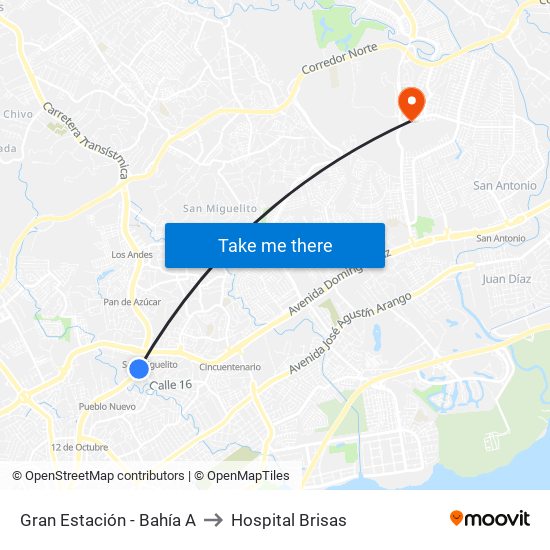 Gran Estación - Bahía A to Hospital Brisas map
