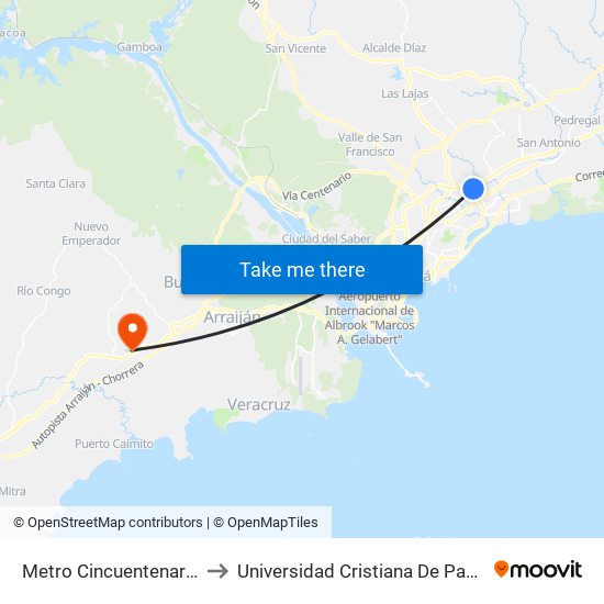 Metro Cincuentenario-R to Universidad Cristiana De Panama map