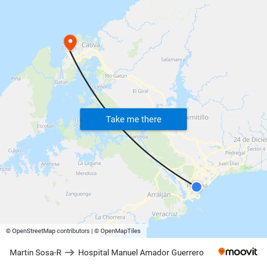 Martin Sosa-R to Hospital Manuel Amador Guerrero map