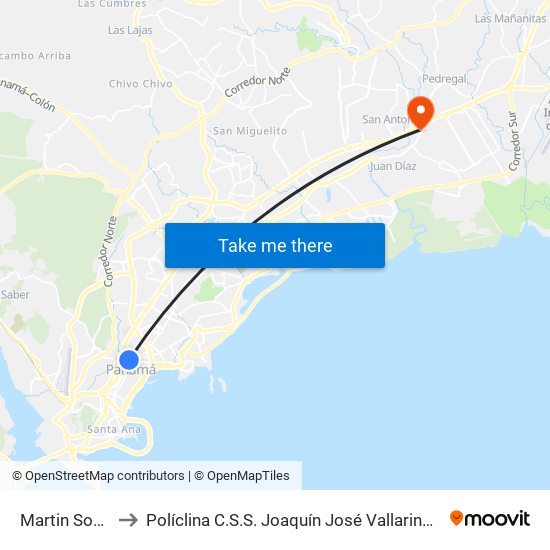 Martin Sosa-R to Políclina C.S.S. Joaquín José Vallarino Zebede map