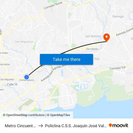 Metro Cincuentenario-R to Políclina C.S.S. Joaquín José Vallarino Zebede map