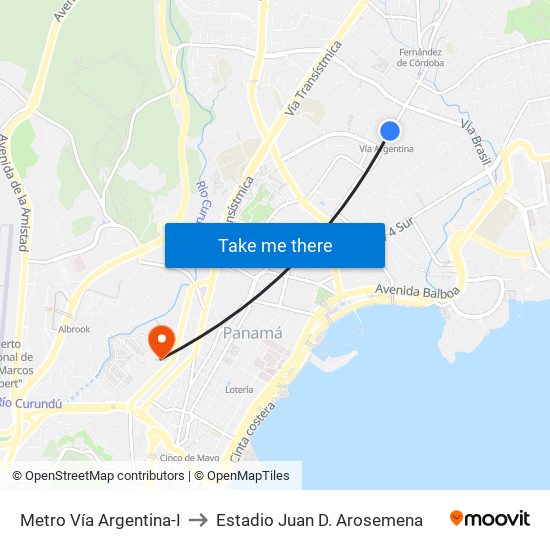 Metro Vía Argentina-I to Estadio Juan D. Arosemena map