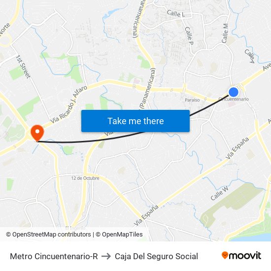 Metro Cincuentenario-R to Caja Del Seguro Social map
