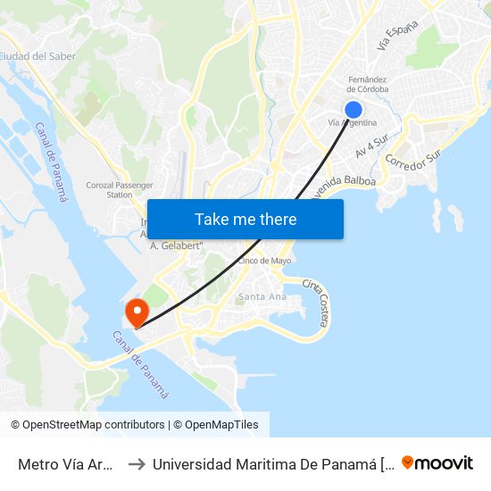 Metro Vía Argentina-I to Universidad Maritima De Panamá [Umip] Edif. 911 map