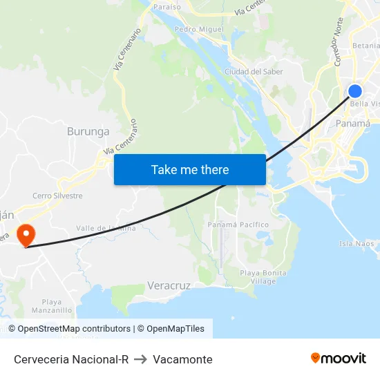 Cerveceria Nacional-R to Vacamonte map