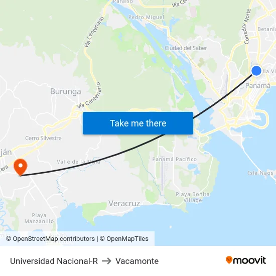 Universidad Nacional-R to Vacamonte map