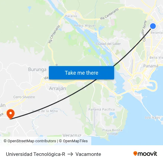 Universidad Tecnológica-R to Vacamonte map