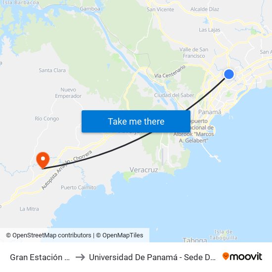 Gran Estación - Bahía A to Universidad De Panamá - Sede De Panamá Oeste map