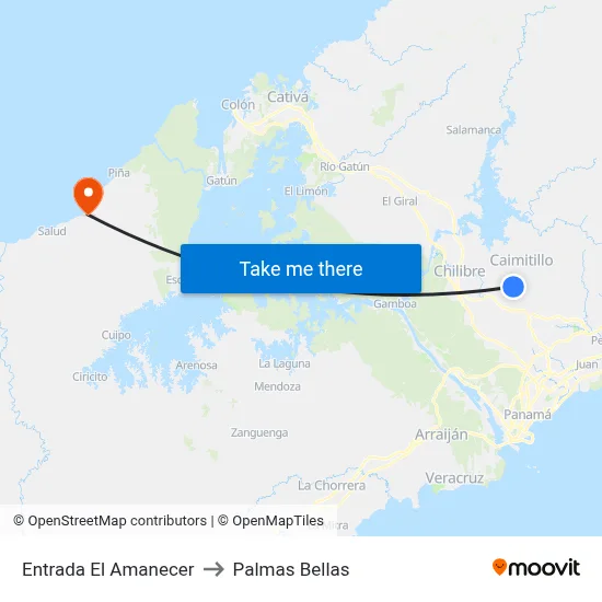 Entrada El Amanecer to Palmas Bellas map