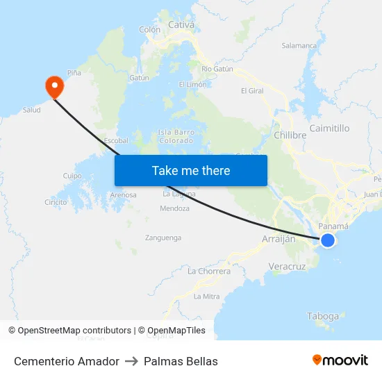 Cementerio Amador to Palmas Bellas map