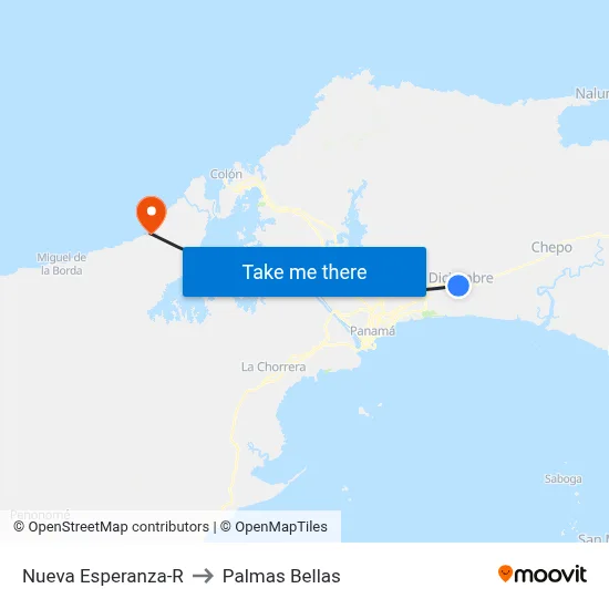 Nueva Esperanza-R to Palmas Bellas map
