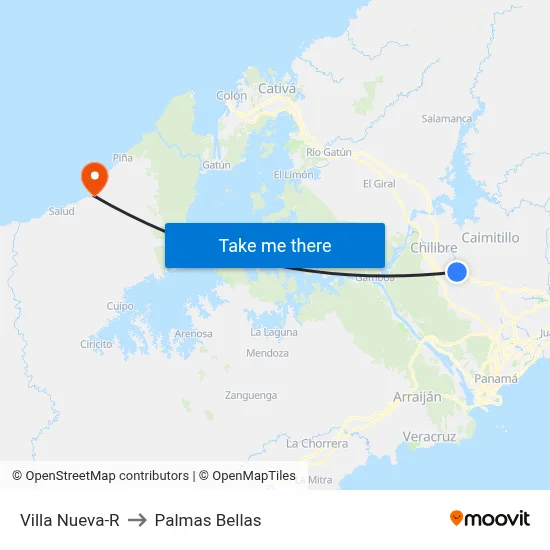 Villa Nueva-R to Palmas Bellas map