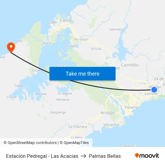 Estación Pedregal - Las Acacias to Palmas Bellas map