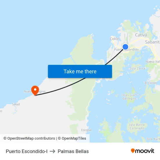 Puerto Escondido-I to Palmas Bellas map