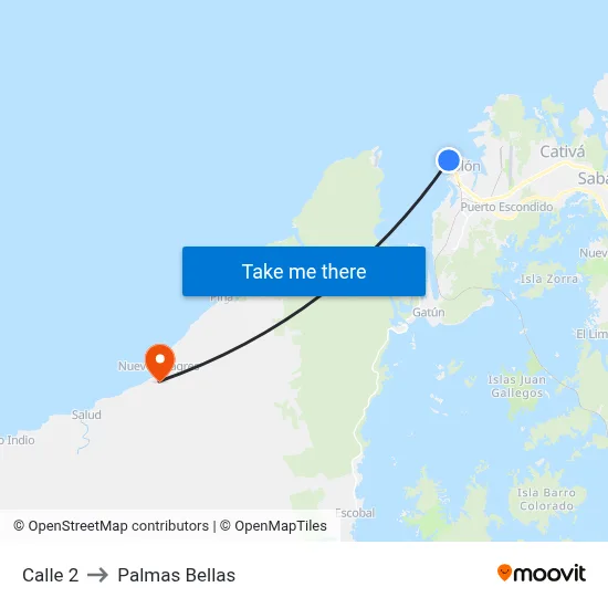 Calle 2 to Palmas Bellas map