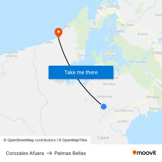 Corozales Afuera to Palmas Bellas map