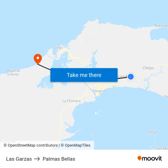 Las Garzas to Palmas Bellas map