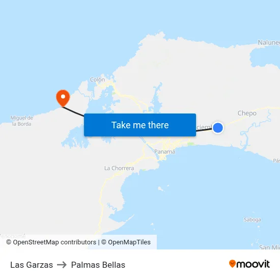 Las Garzas to Palmas Bellas map