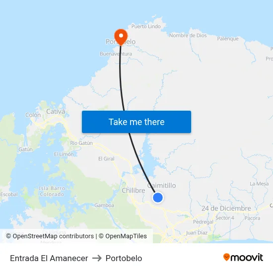 Entrada El Amanecer to Portobelo map