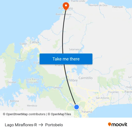 Lago Miraflores-R to Portobelo map